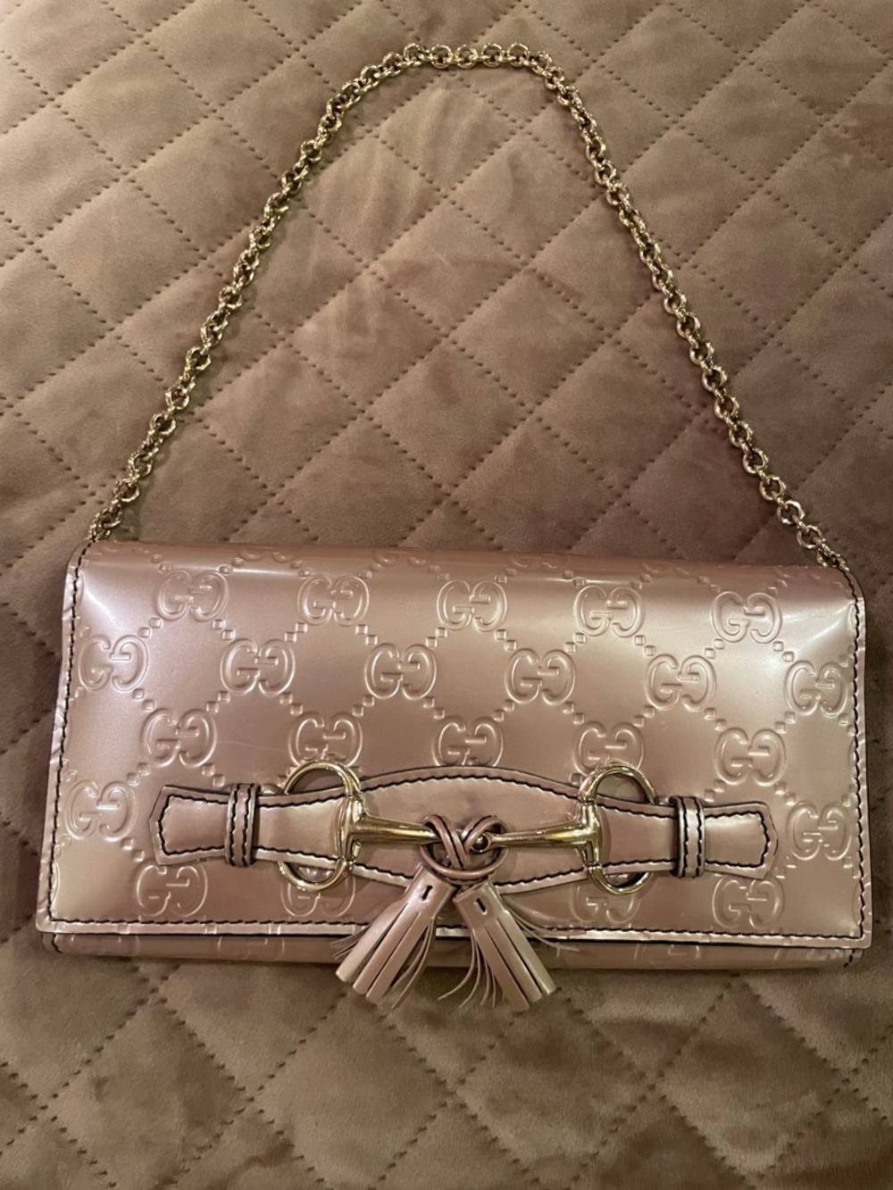 Gucci Rose Gold Patent GG Tassel Continental Wallet/ crossbody bag